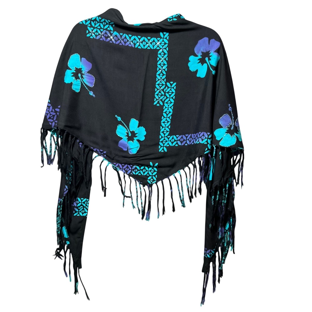 Bali Batiks Hand Painted Beaded Hibiscus Fringe Shawl Wrap Teal Purple Black - Picture 2 of 7